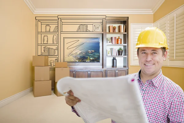 Mužské stavební dělník v místnosti s výkresem zábavy U — Stock fotografie