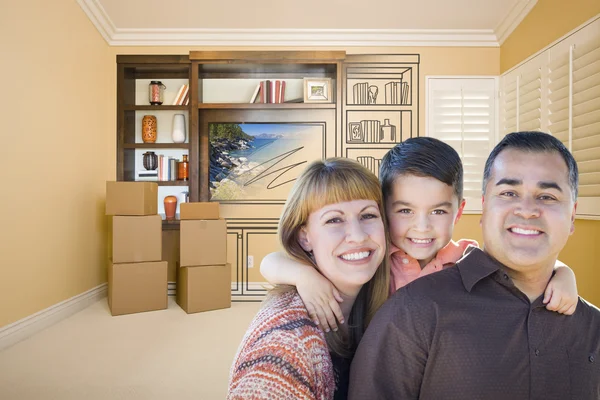 Familia de raza mixta en la habitación con dibujo de la unidad de entretenimiento —  Fotos de Stock