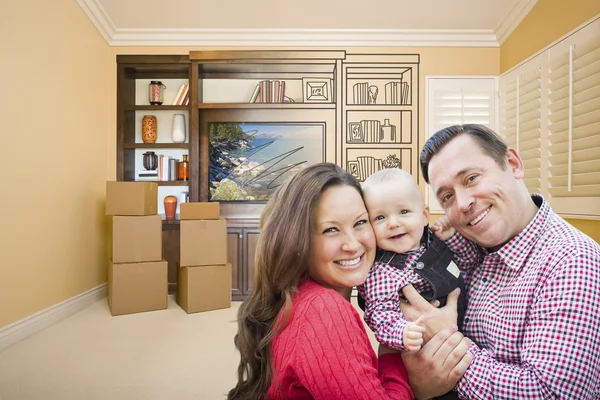 Jovem família no quarto com desenho de entretenimento unidade na parede — Fotografia de Stock