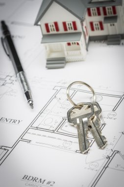 Model ev, kalem ve ev planları üzerinde dinlenme tuşları
