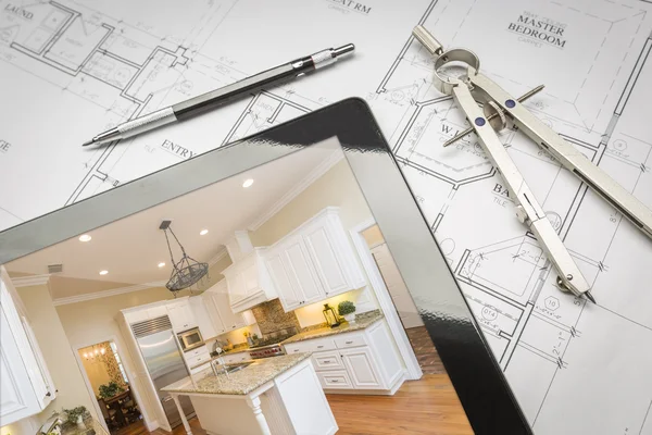 Computer Tablet Showing Finished Kitchen On House Plans, Pencil, — Stock Photo, Image