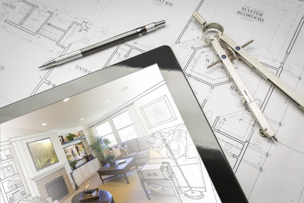 Computer Tablet kamer illustratie waarop huis plannen, potlood — Stockfoto