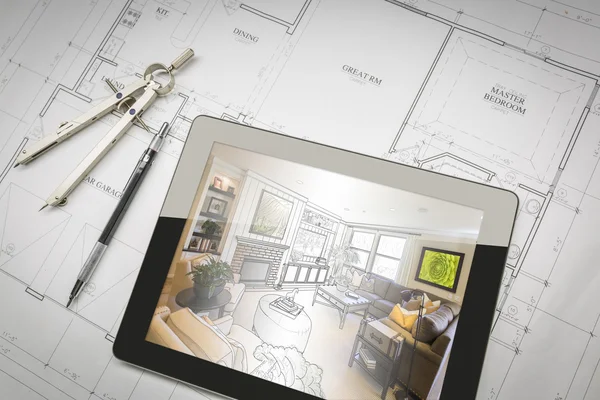Tablet de computador mostrando a ilustração da sala em planos de casa, lápis — Fotografia de Stock