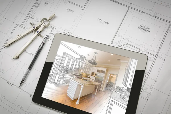 Tableta de computadora que muestra la ilustración de la cocina en los planes de la casa, pluma — Foto de Stock