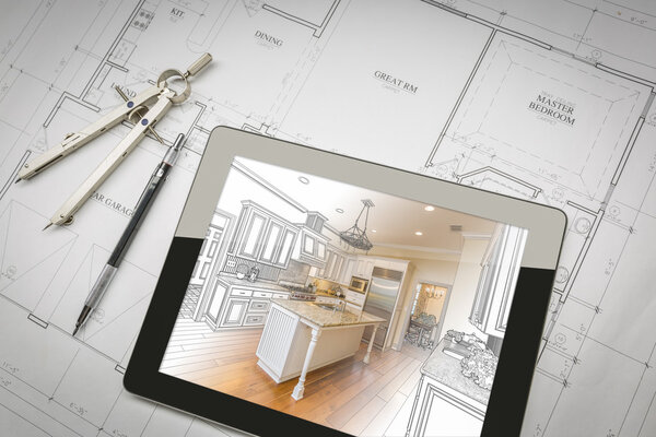 Computer Tablet Showing Kitchen Illustration On House Plans, Pen