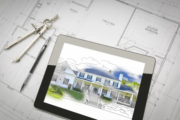 Tableta de ordenador que muestra la ilustración de la casa en los planes de la casa, Penci — Foto de Stock