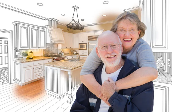 Senior Couple Over Custom Kitchen Design Drawing and Photo — Stock Photo, Image