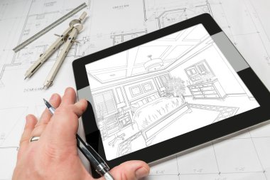 El bilgisayar Tablet gösteren ev illüstrasyon planları üzerinde üzerinde mimar