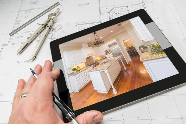 Hand of Architect on Computer Tablet Showing Home Illustration Over Plans — Stock Photo, Image