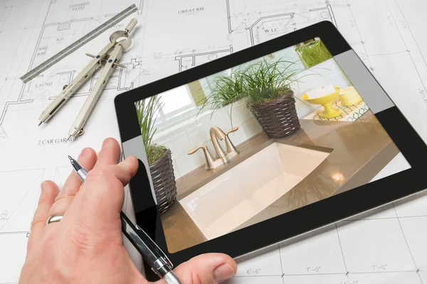 Hand of Architect on Computer Tablet Showing Home Illustration Over Plans — Stock Photo, Image