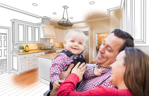 Молодая семья над пользовательской кухни рисунок и фотокомбинация — стоковое фото