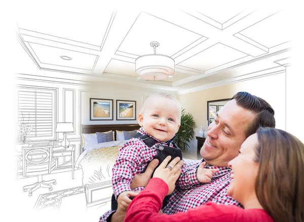 Young Family With Baby Over Bedroom Drawing and Photo — Stock Photo, Image