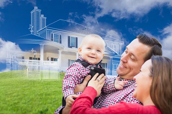 Happy Young Family with Ghosted House Drawing Behind — Stock Photo, Image