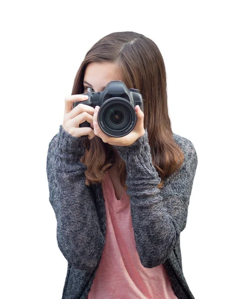 Attraktive Mischlingshündin mit DSLR-Kamera auf Weiß — Stockfoto