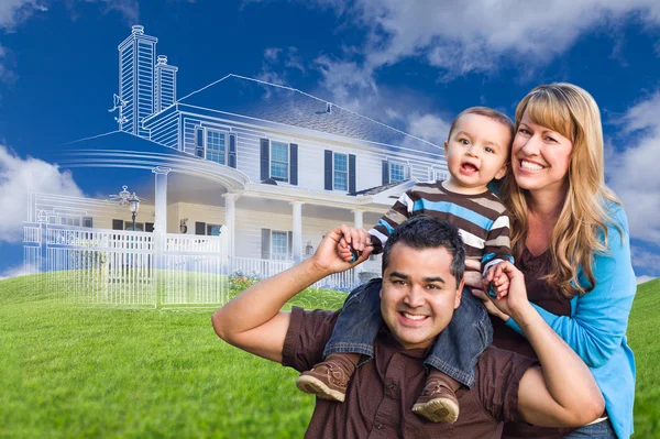 Mixed Race Family with Ghosted House Drawing Behind — Stock Photo, Image