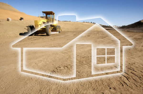 Desenho da casa fantasma acima do local de construção e trator — Fotografia de Stock