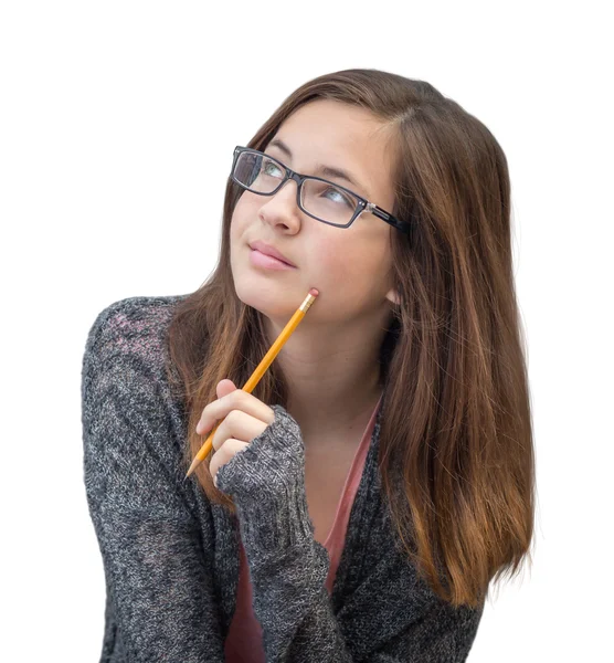 Pretty Mixed Race Girl Thinking with Pencil — Stock Photo, Image