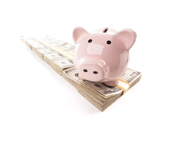 Pink Piggy Bank Row Hundreds Dollars Stacks Isolated White Background — Stock Photo, Image