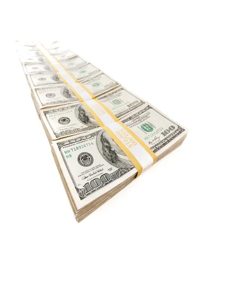 Fila Pile Banconote Cento Dollari Isolate Sfondo Bianco — Foto Stock