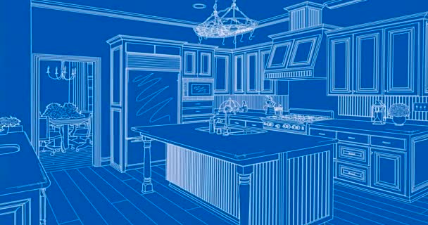 Wood Custom Kitchen Blueprint Dibujo Transición Marco Construcción Para Construir — Vídeos de Stock