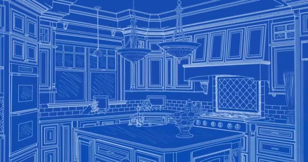 Custom Kitchen Blueprint Drawing Transitioning Completed Build — Stock Video