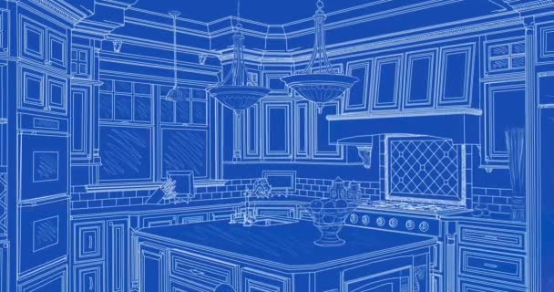 Wood Custom Kitchen Blueprint Drawing Transitioning Construction Framing Completed Build — Stock Video