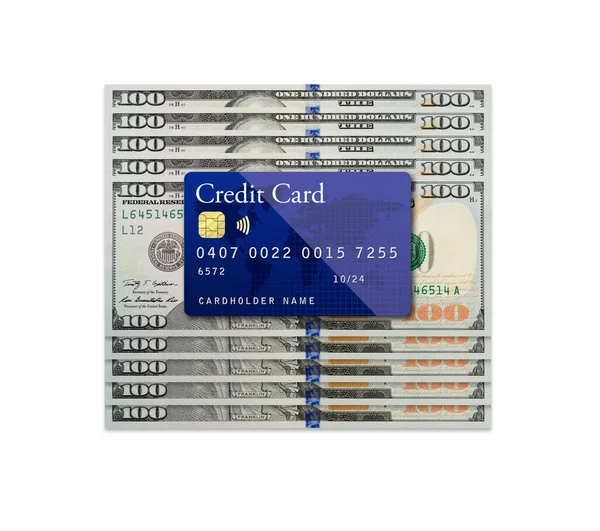 Mockup Azul Cartão Crédito Descansando Cem Dólares Contas Fundo Branco — Fotografia de Stock