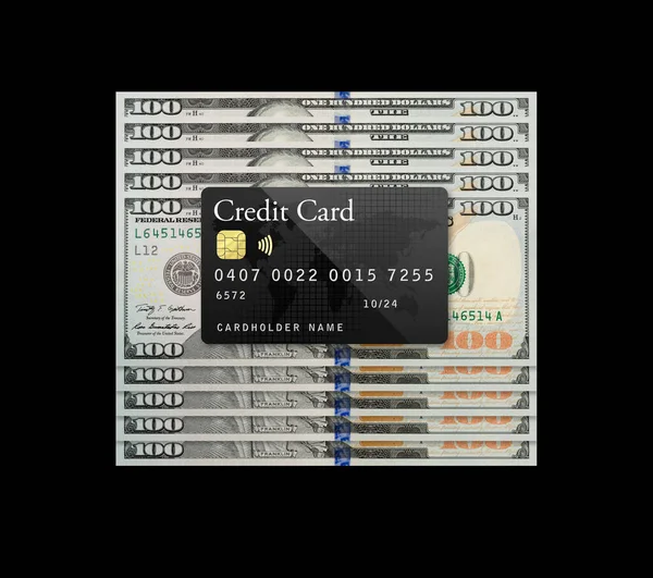 Mockup Black Credit Card Resting One Hundred Dollar Bills Black — Stock Photo, Image