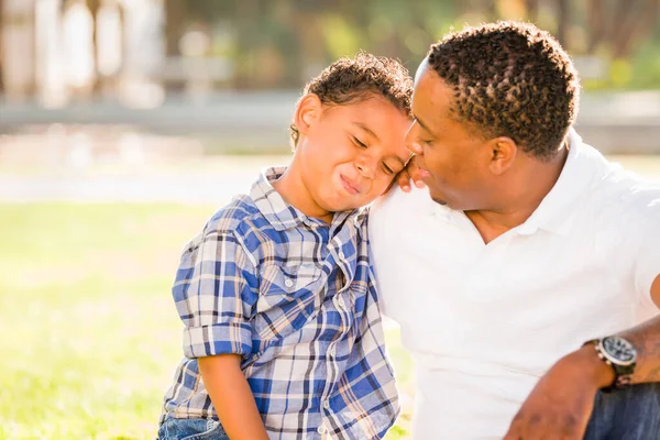 Happy Afro Amerikaanse Vader Gemengde Ras Zoon Spelen Het Park — Stockfoto