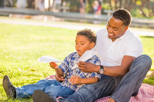 Happy African American Father Mixed Race Son Playing Paper Airplanes — Stock Photo, Image