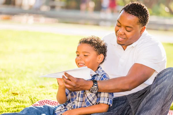 Happy African American Father Mixed Race Son Playing Paper Airplanes — Stock Photo, Image