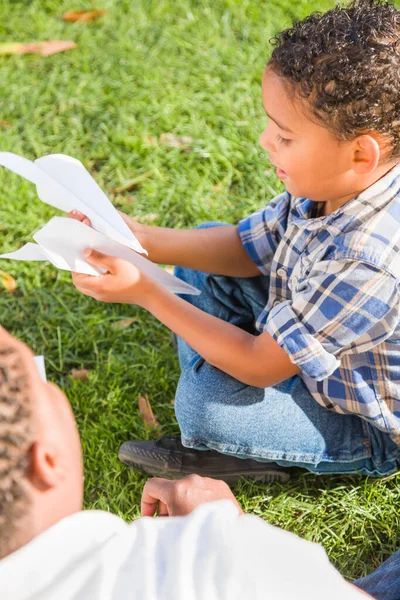 Happy African American Father Mixed Race Son Playing Paper Airplanes — Stock Photo, Image