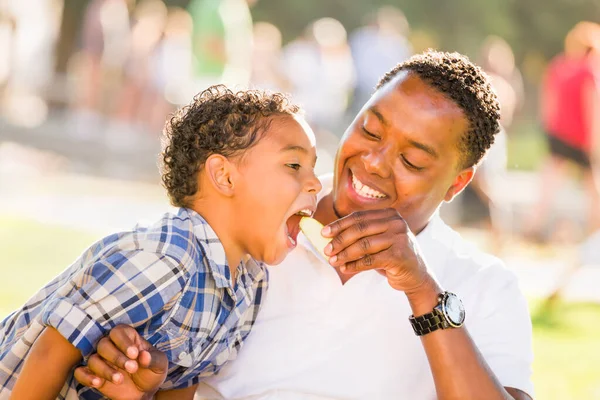 Afroamerikanischer Vater Und Sohn Gemischter Rasse Essen Park Einen Apfel — Stockfoto