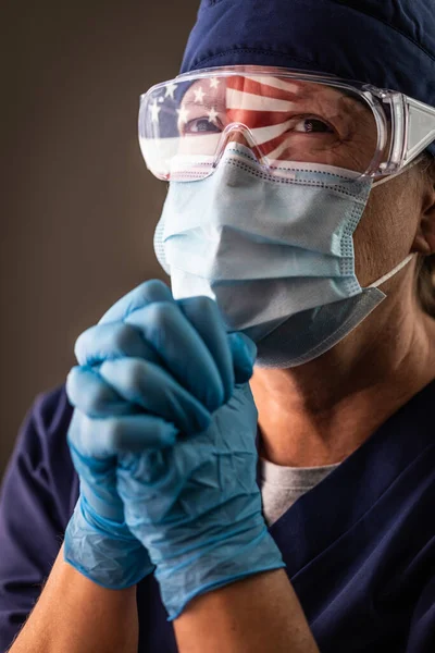 American Flag Reflecting Distressed Praying Female Medical Worker Wearing Protective — Stock Photo, Image