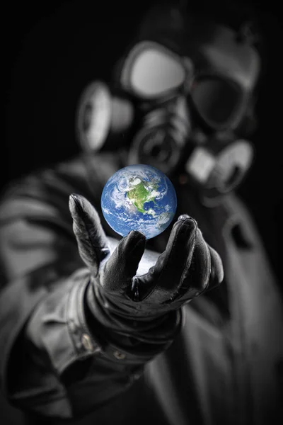 Menacing Entity Wearing Fallout Gas Mask Threatening Planet Earth Gloved — Stock Photo, Image