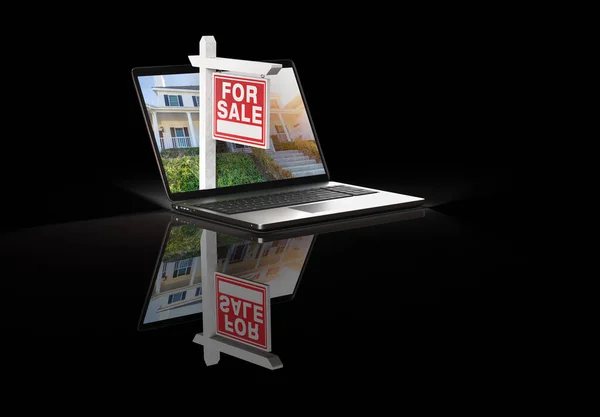 Sale Real Estate Sign Computer Laptop Isolated Black Background Reflection — Stock Photo, Image