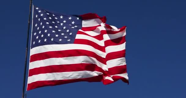 Slow Motion Real Amerikansk Flagga Viftar Vinden Mot Djup Blå — Stockvideo