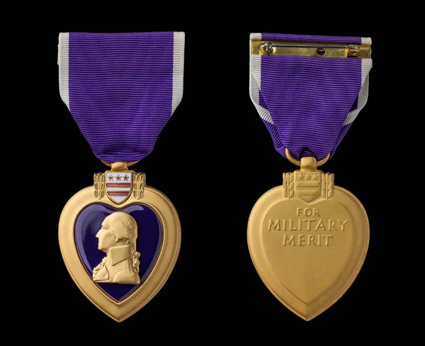 Front Back Purple Heart Miltary Merit Medal Black Background — 图库照片