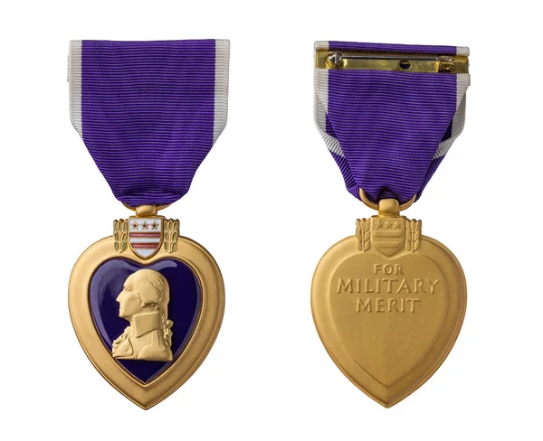 Lila Szív Eleje Hátulja Miltary Merit Medal White Háttér — Stock Fotó