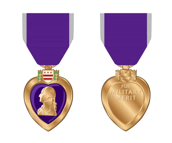 Vector Illustration Purple Heart Medal Awarded Military Merit White Background — Stock Vector