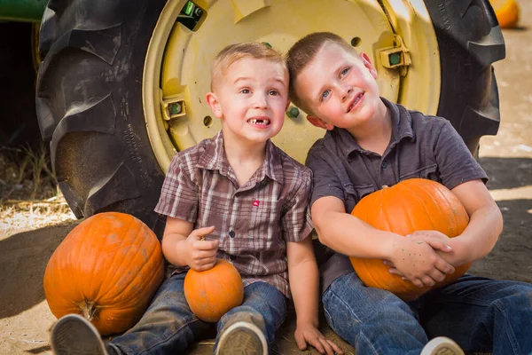 Two Boys Having Fun Pumpkin Patch Fall Day — 图库照片