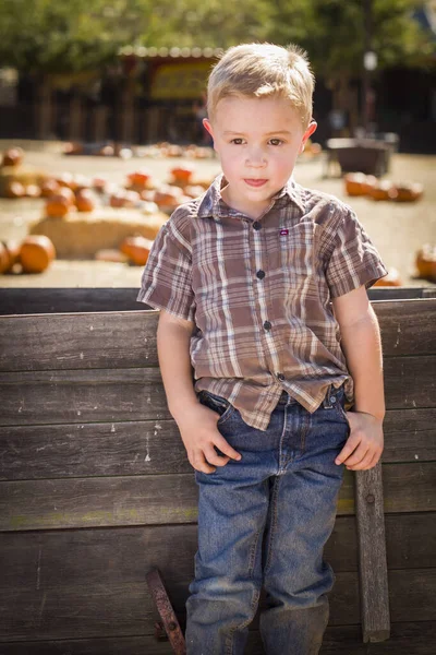 Adorable Little Boy Standing Old Wood Wagon Pumpkin Patch Rural — Stock Photo, Image