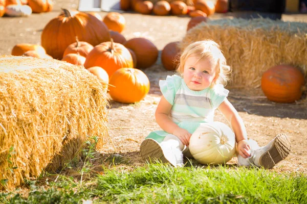 Adorable Baby Girl Having Fun Rustic Ranch Setting Pumpkin Patch — Stock Photo, Image