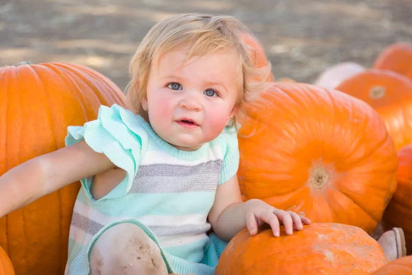 Adorable Baby Girl Having Fun Rustic Ranch Setting Pumpkin Patch — Stock Photo, Image