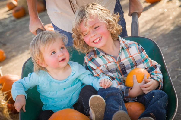 Sweet Little Boy Plays His Baby Sister Rustic Ranch Setting — Stock Photo, Image