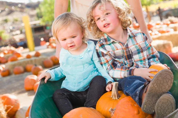 Dolce Bambino Gioca Con Sua Sorellina Ranch Rustico Impostazione Zucca — Foto Stock