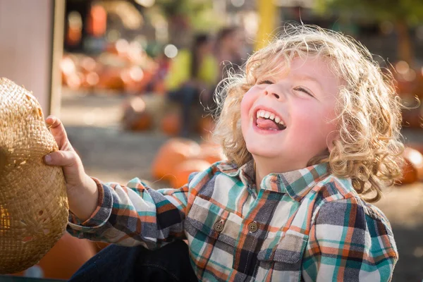 Little Boy Sitting Cowboy Hat Rustic Ranch Setting Pumpkin Patch — Stock Photo, Image