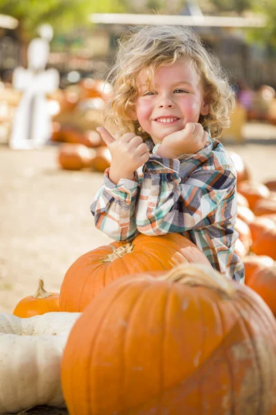 Aranyos kisfiú ad remek: pumpkin patch — Stock Fotó