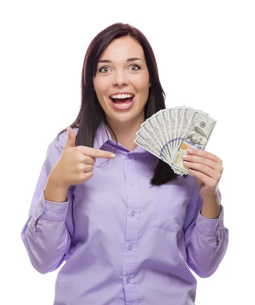 Mixed Race Woman Holding the New One Hundred Dollar Bills — Stock Photo, Image