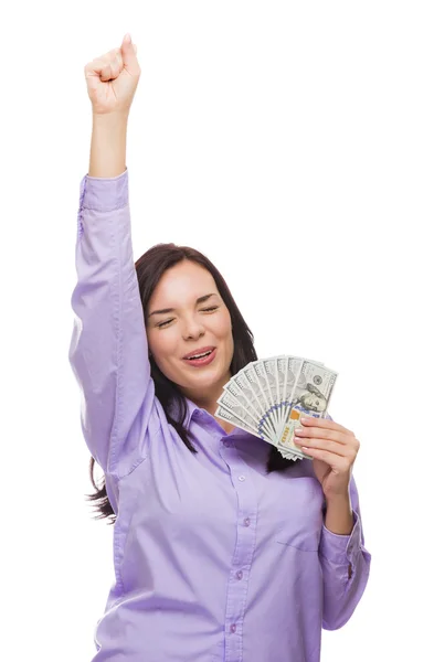 Mixed Race Woman Holding the New One Hundred Dollar Bills — Stock Photo, Image